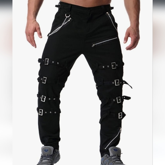 Men's Black Buckle Strap Pants - Picture 1 of 16